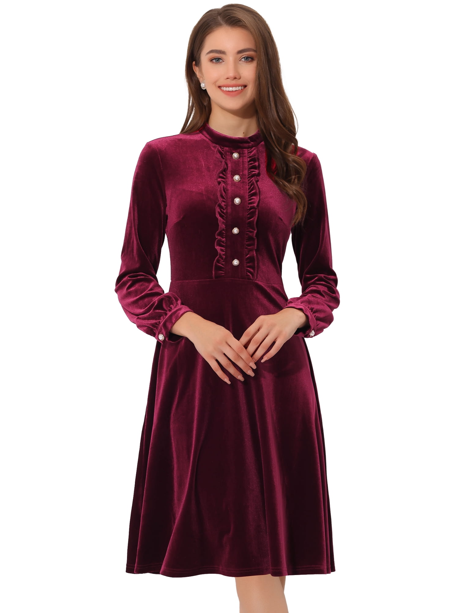 DARING DIVA Button Front Ruffle Vintage Flared Dress S Burgundy