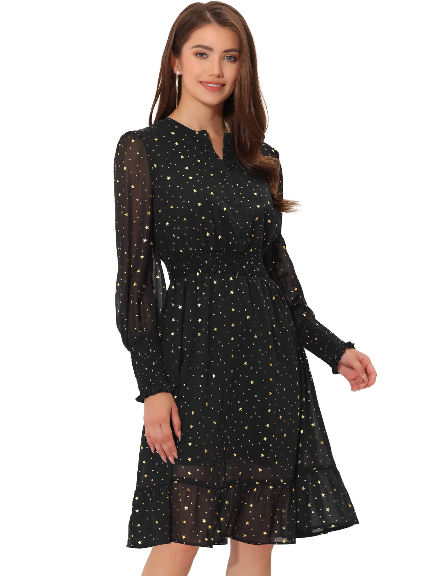 DARING DIVA Button Up Smocked Chiffon Metallic Star Dress S Black-Star