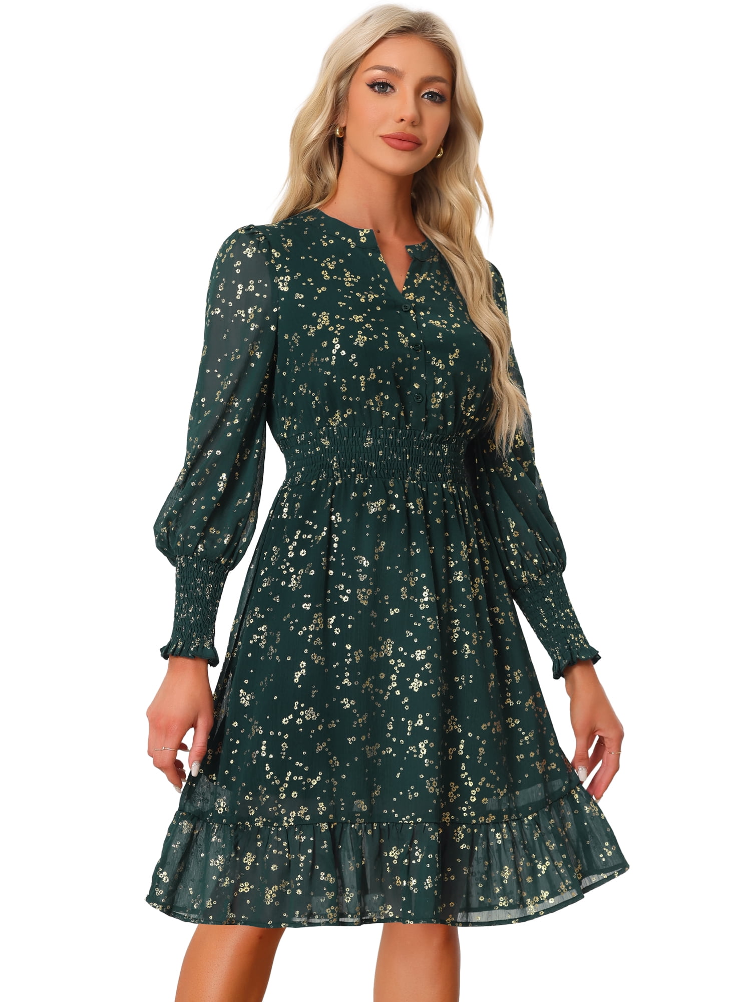 DARING DIVA Button Up Smocked Chiffon Metallic Star Dress S Dark Green-Floral