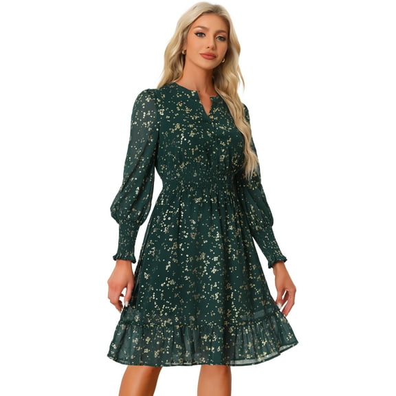 DARING DIVA Button Up Smocked Chiffon Metallic Star Dress S Dark Green-Floral