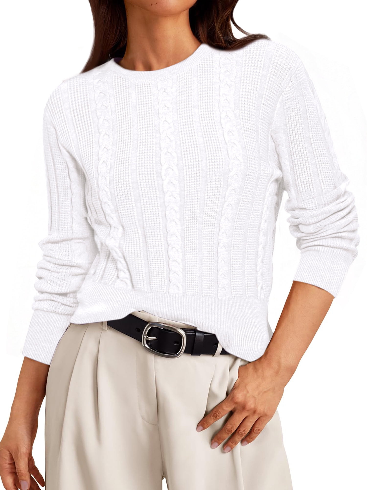 DARING DIVA Women's Cable Knit Long Sleeve Crew Neck Pullover Sweaters S White