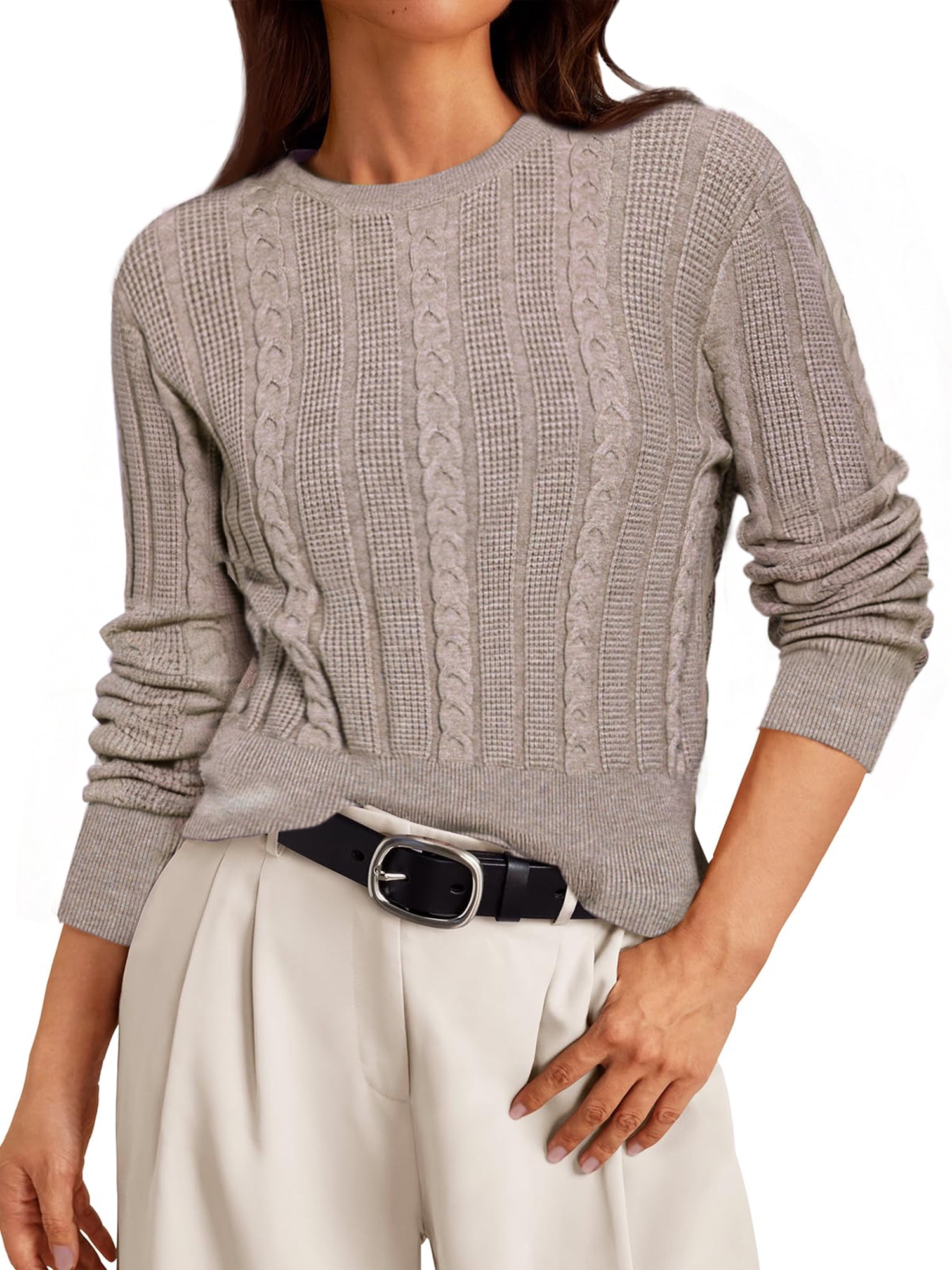 DARING DIVA Women's Cable Knit Long Sleeve Crew Neck Pullover Sweaters XL Beige