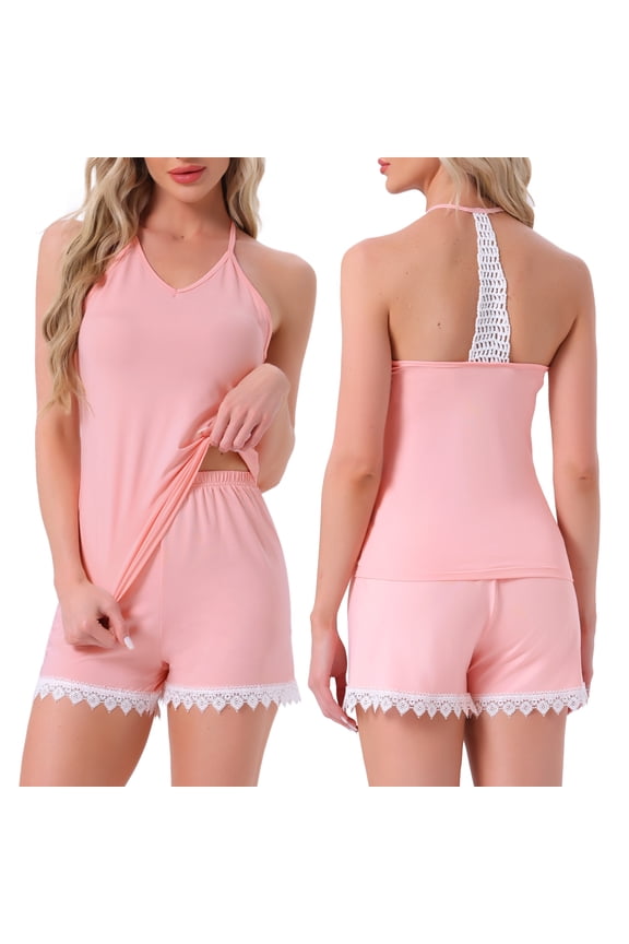 Cami Pajamas Lace Trim V Neck 2 Pieces Sleepwear L Pink
