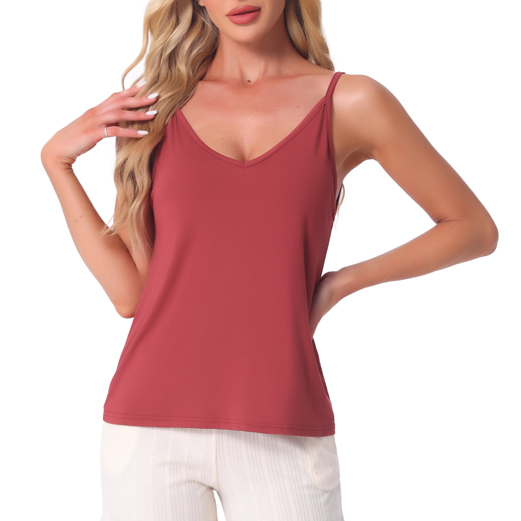 DARING DIVA Women's Sleeveless Base Layer Spaghetti Straps V Neck Tank Tops L Red