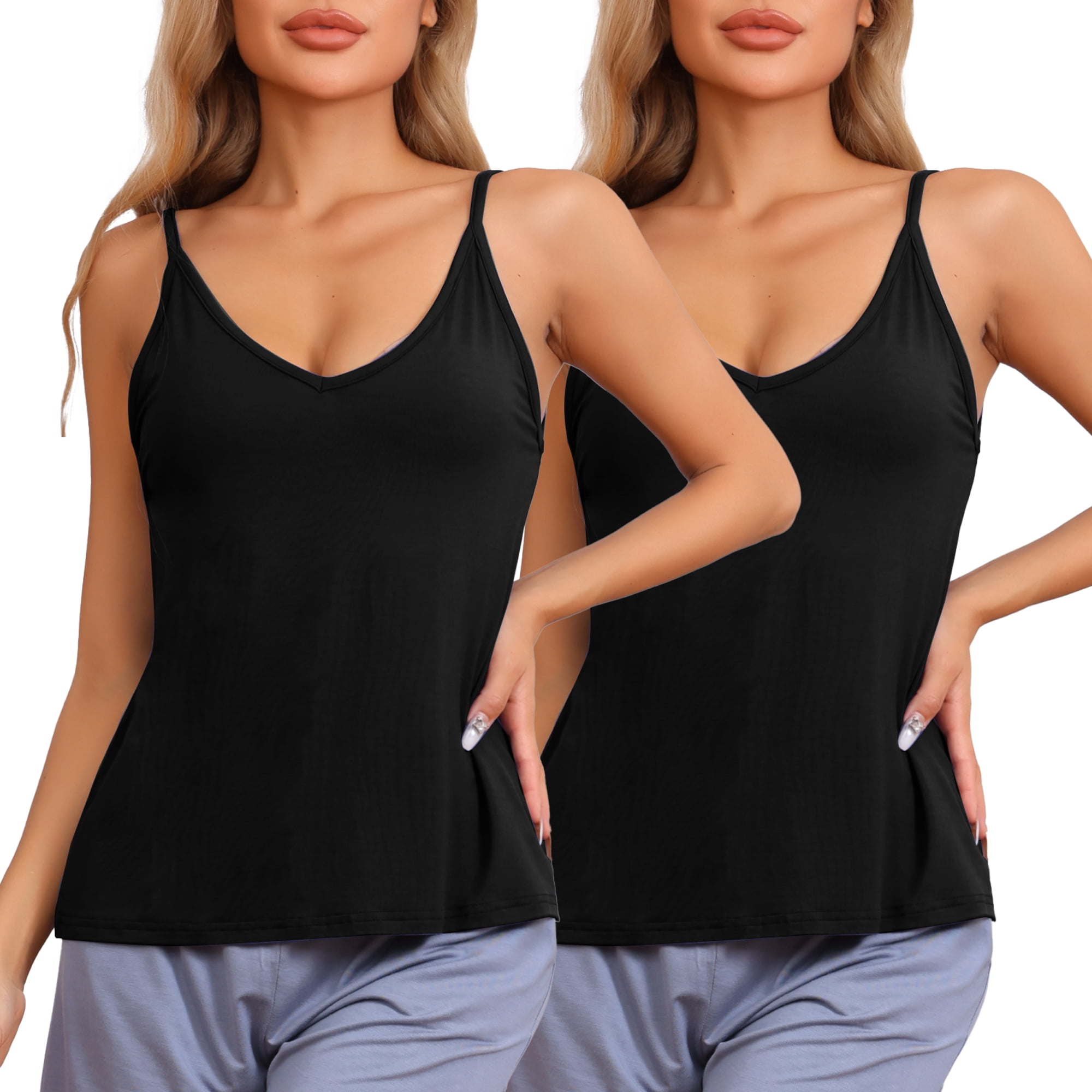 DARING DIVA Women's Sleeveless Base Layer Spaghetti Straps V Neck Tank Tops XL 2packs Black