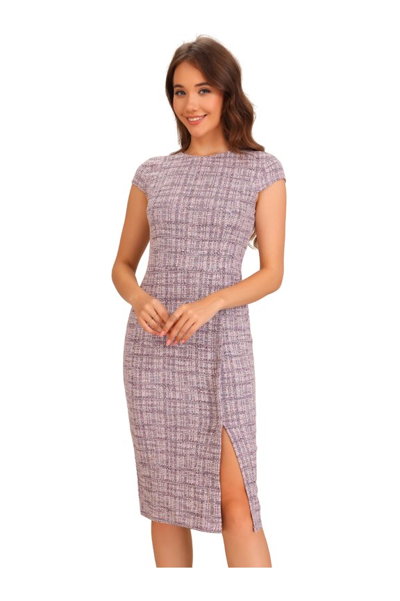 Cap Sleeve Front Side Split Elegant Tweed Dress M Pink