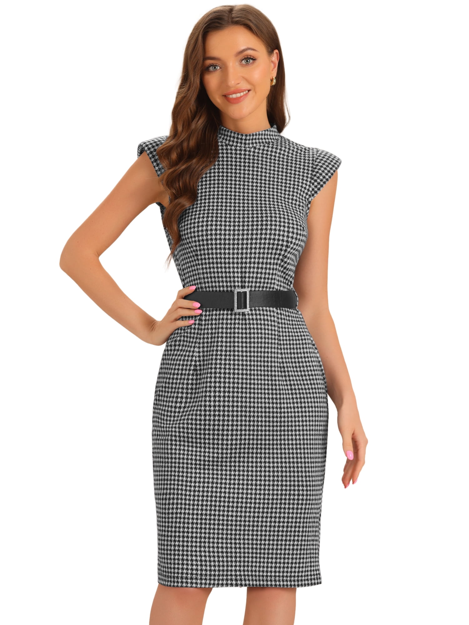 DARING DIVA Cap Sleeve Houndstooth Sheath Dress M Black