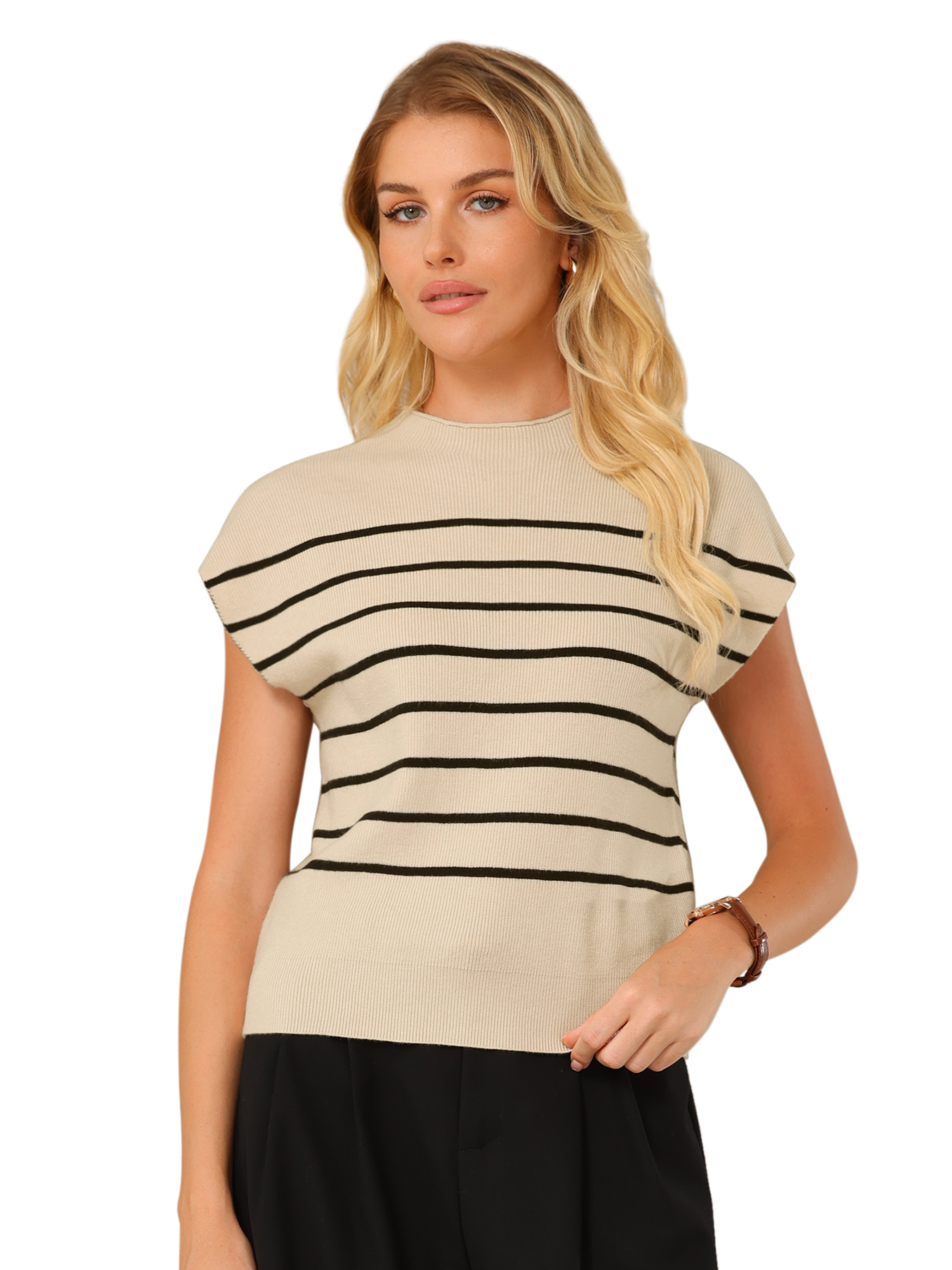 DARING DIVA Cap Sleeve Sweater Vest Mock Neck Ribbed Knit Pullover Top 2XL Beige