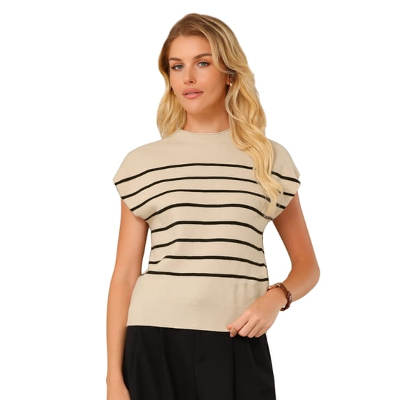 DARING DIVA Cap Sleeve Sweater Vest Mock Neck Ribbed Knit Pullover Top S Beige