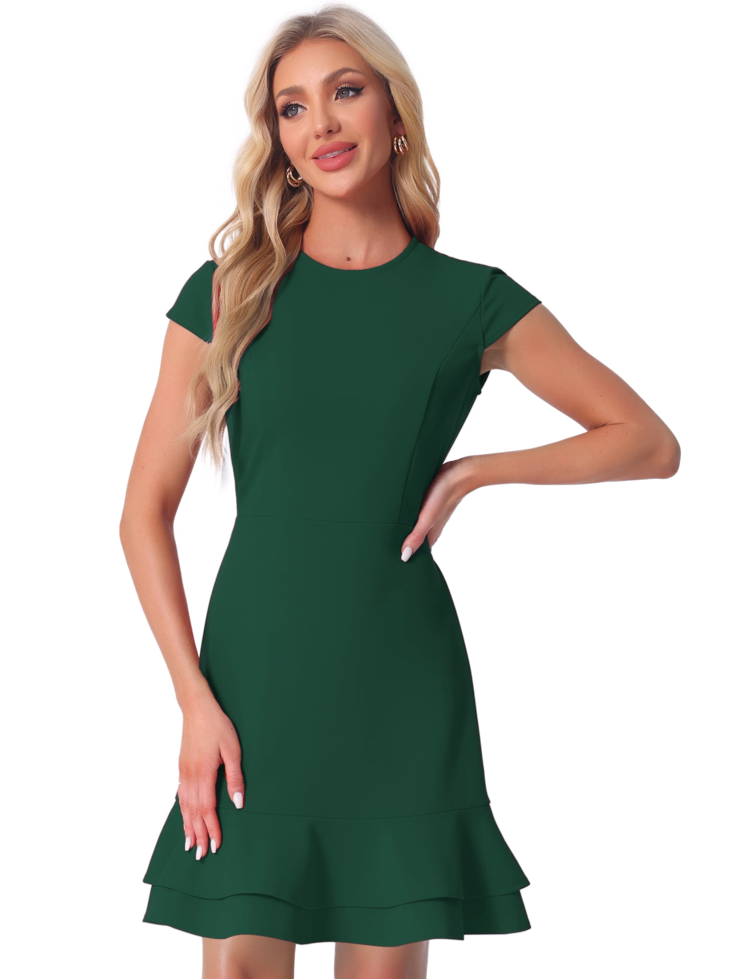 DARING DIVA Cap Sleeves Round Neck Tiered Ruffled Hem Dress L Green