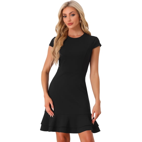 DARING DIVA Cap Sleeves Round Neck Tiered Ruffled Hem Dress M Black