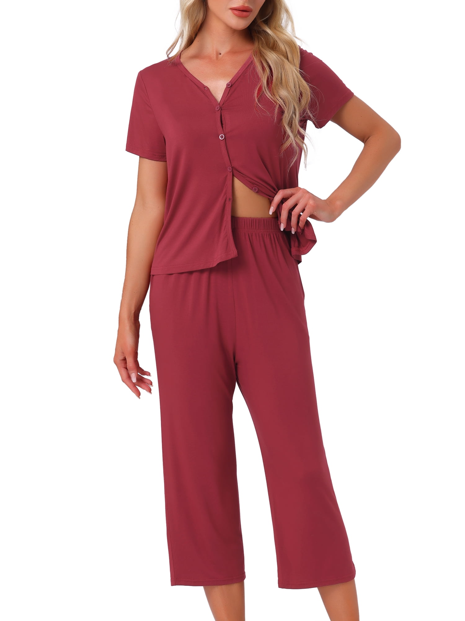 DARING DIVA Capri Pajamas Set Button Up Sleepwear V Neck 2 Piece Pjs XL Red