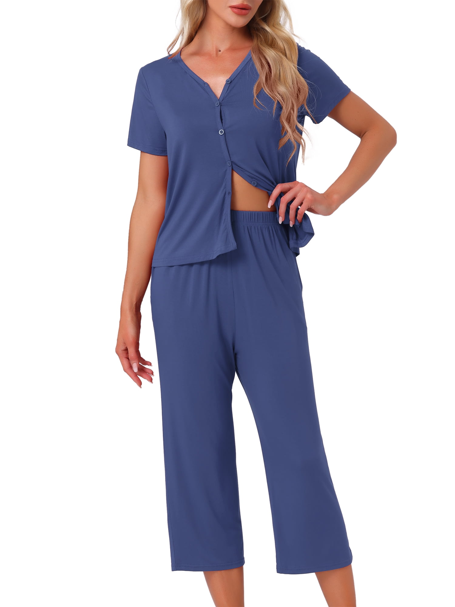 DARING DIVA Capri Pajamas Set Button Up Sleepwear V Neck 2 Piece Pjs XS Navy