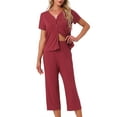 thumbnail image 1 of DARING DIVA Capri Pajamas Set Button Up Sleepwear V Neck 2 Piece Pjs XS Red, 1 of 7