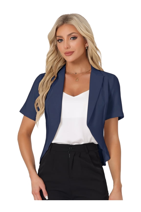 Women's Cropped Short Sleeve Open Front Lapel Blazer S Navy Blue