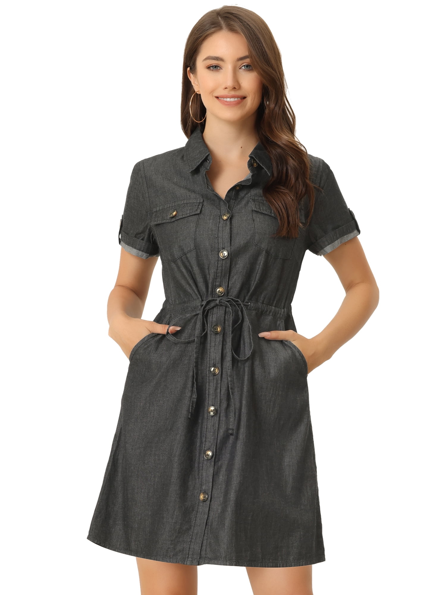 DARING DIVA Casual Button Front Summer Short Sleeve Dresses M Black