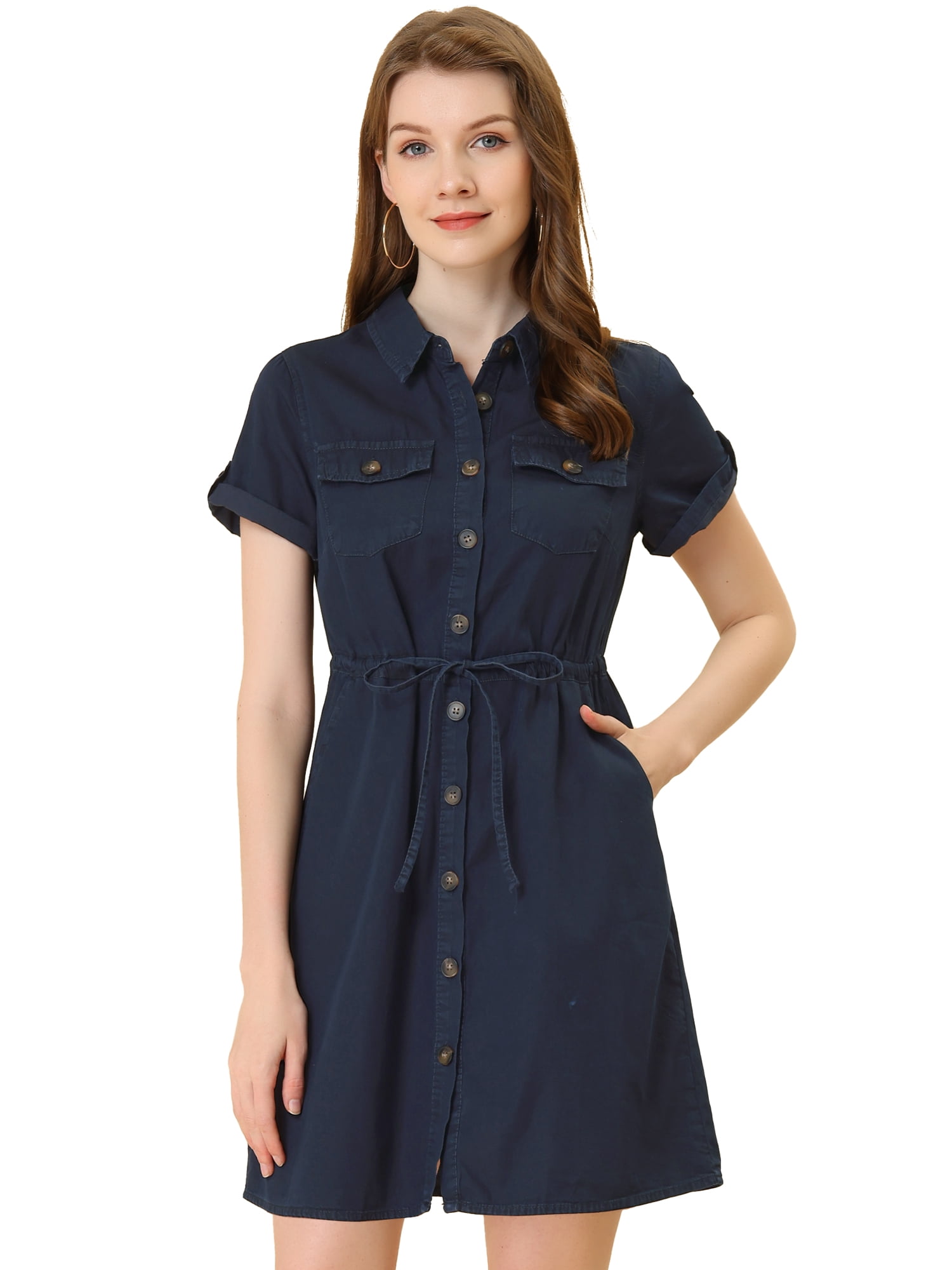 DARING DIVA Casual Button Front Summer Short Sleeve Dresses M Dark Blue