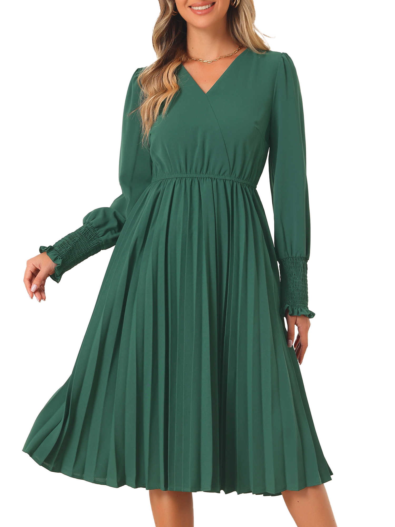 DARING DIVA Casual Chiffon A-Line Midi Pleated Dress M Dark Green
