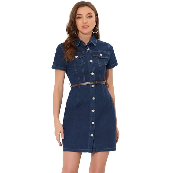 DARING DIVA Casual Collared Short Sleeve Denim Shirt Dress XS Blue L Dark Blue