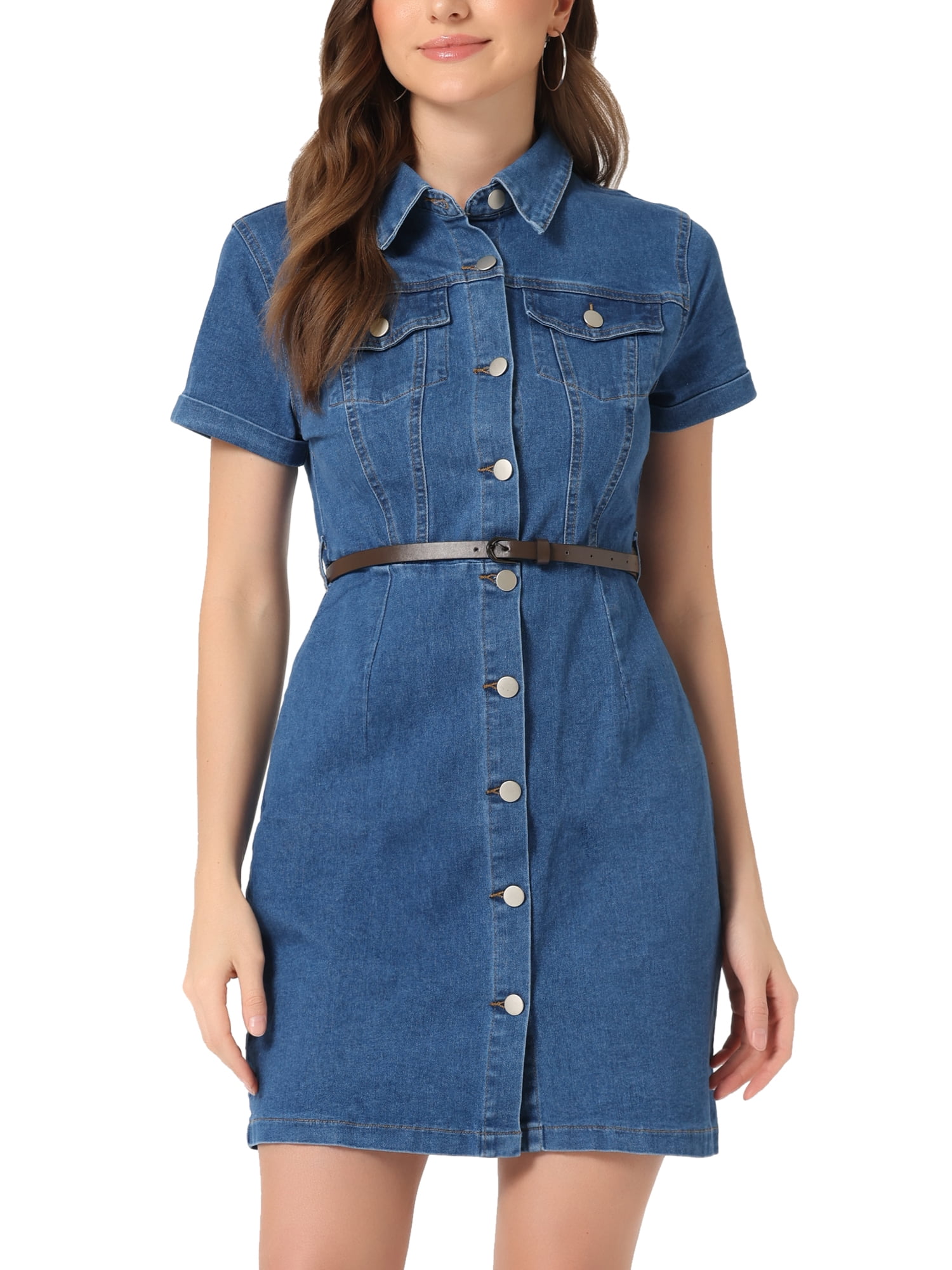 DARING DIVA Casual Collared Short Sleeve Denim Shirt Dress XS Blue L M-Blue