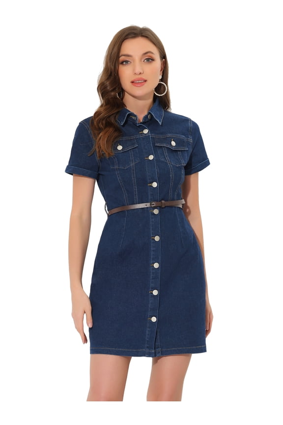 Casual Collared Short Sleeve Denim Shirt Dress XS Blue S Dark Blue