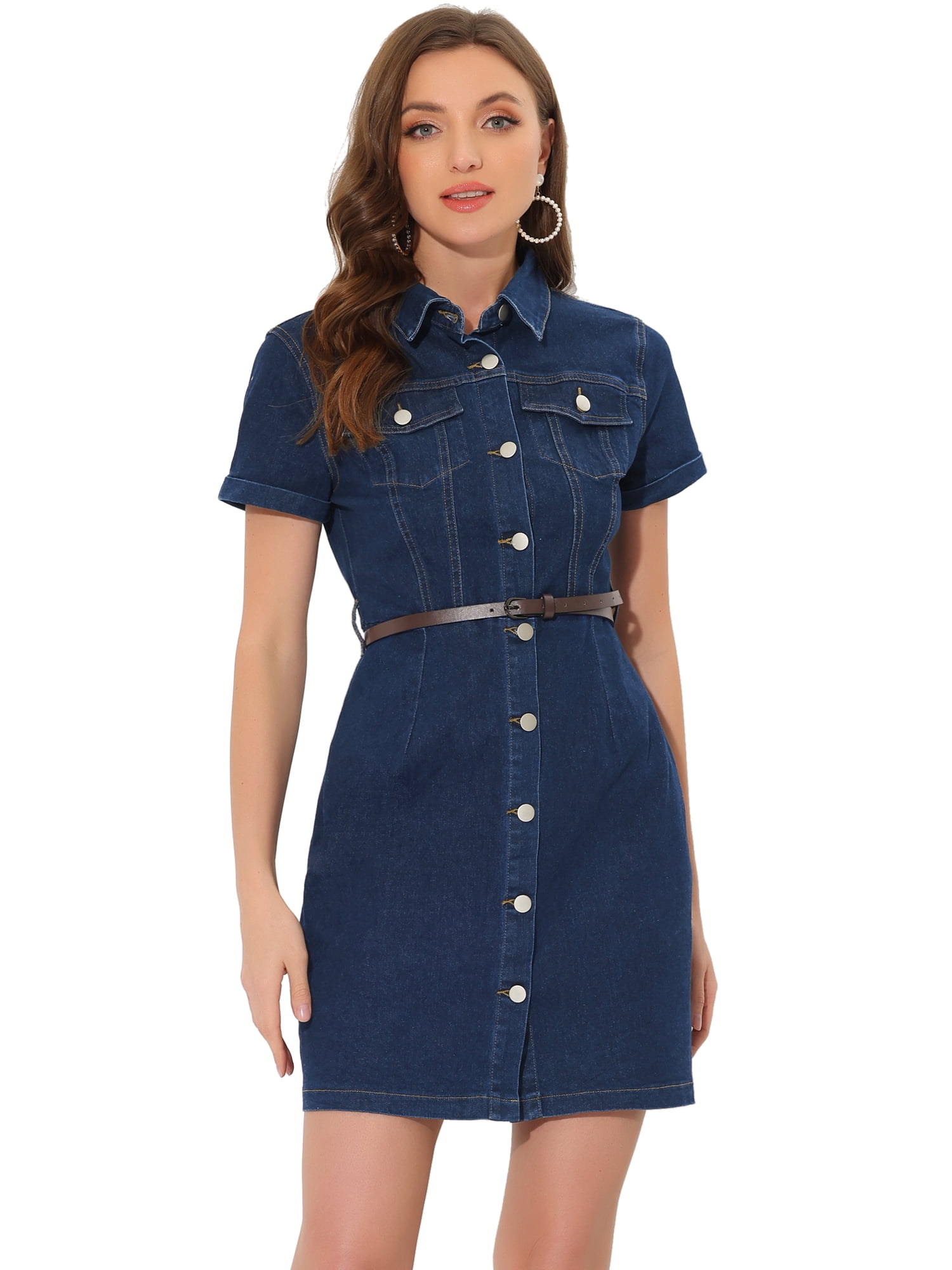 DARING DIVA Casual Collared Short Sleeve Denim Shirt Dress XS Blue XS Dark Blue