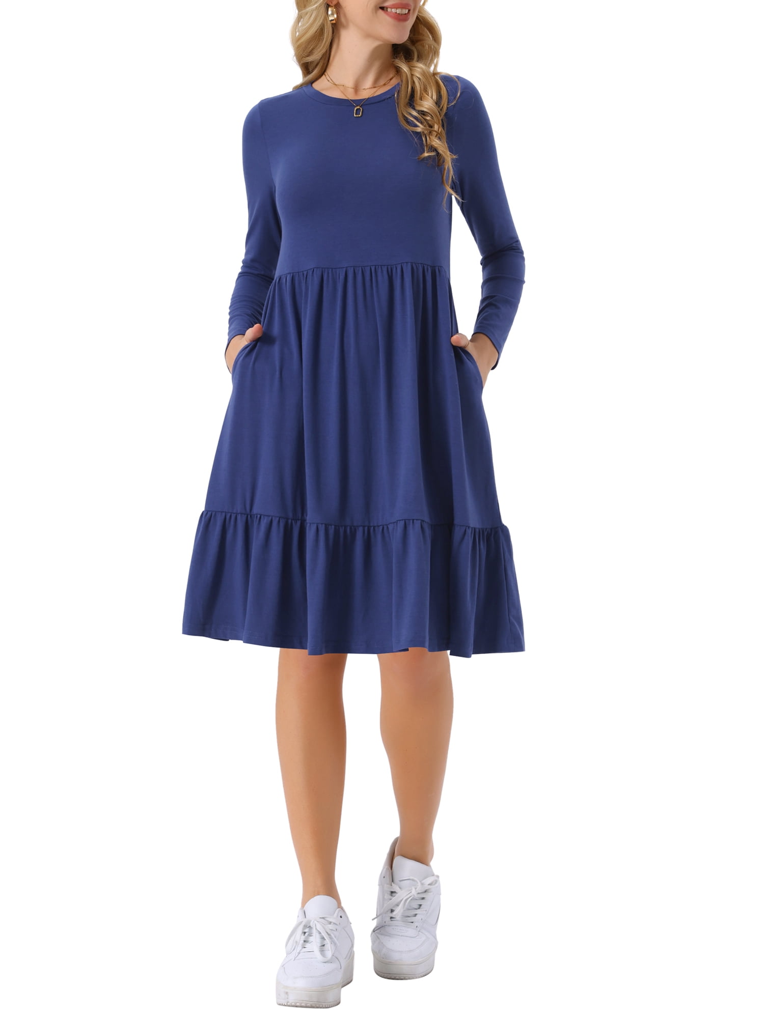 DARING DIVA Casual Long Sleeve Tiered A-Line Swing Dress L Dark Blue
