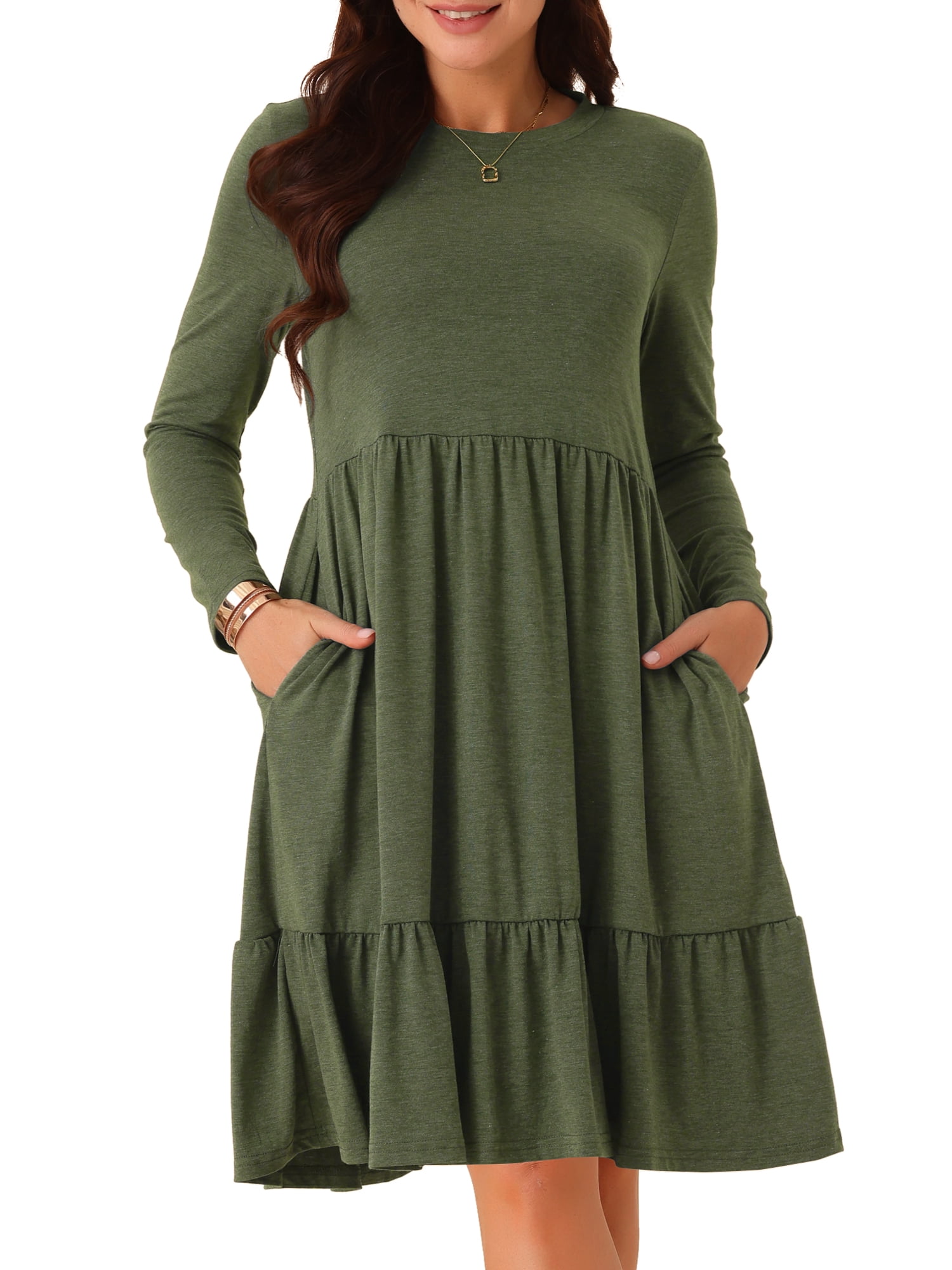 DARING DIVA Casual Long Sleeve Tiered A-Line Swing Dress S Army Green