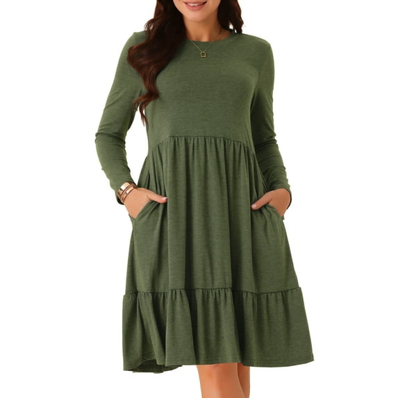 DARING DIVA Casual Long Sleeve Tiered A-Line Swing Dress S Army Green