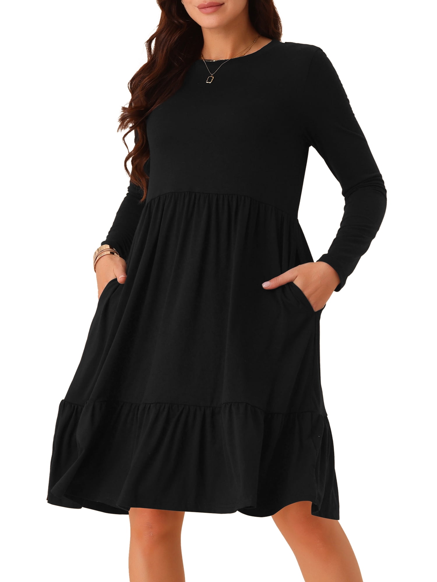 DARING DIVA Casual Long Sleeve Tiered A-Line Swing Dress S Black