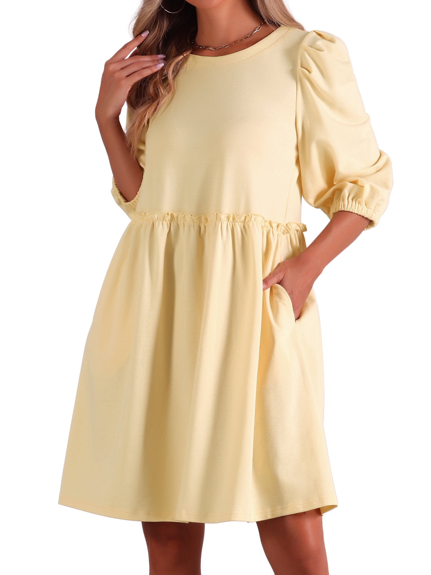 DARING DIVA Casual Scoop Neck Pocket Babydoll Dress L Pale Yellow