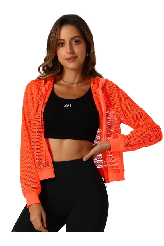 Casual Solid Hoodie Mesh Bomber Jacket XL Orange