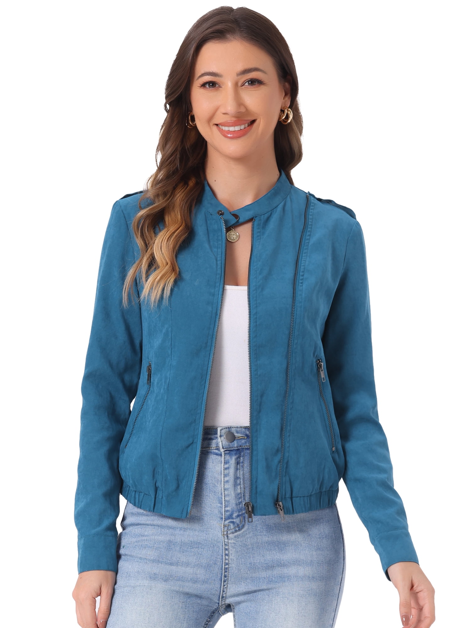DARING DIVA Casual Zip Up Long Sleeve Lightweight Moto Jacket L Peacock Blue