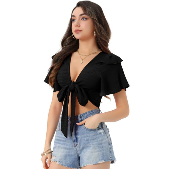 DARING DIVA Changeable Neckline Flutter Sleeve Crop Top L Black