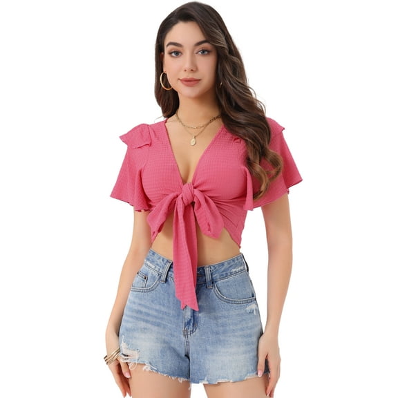 DARING DIVA Changeable Neckline Flutter Sleeve Crop Top L Hot Pink