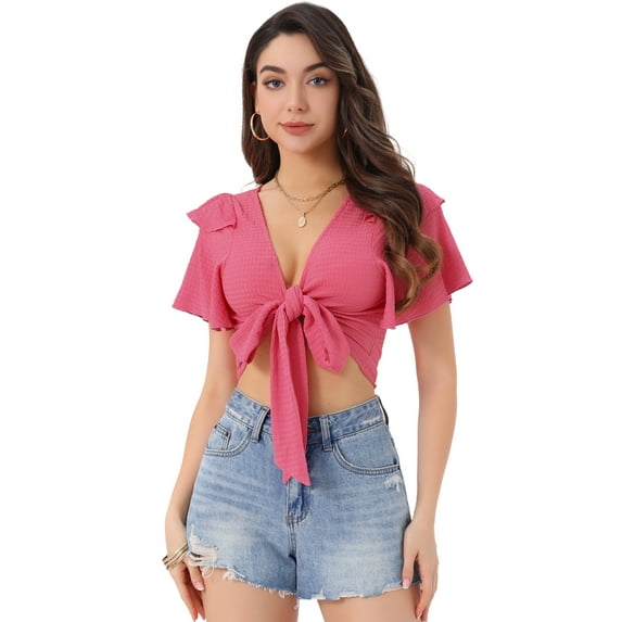 DARING DIVA Changeable Neckline Flutter Sleeve Crop Top M Hot Pink