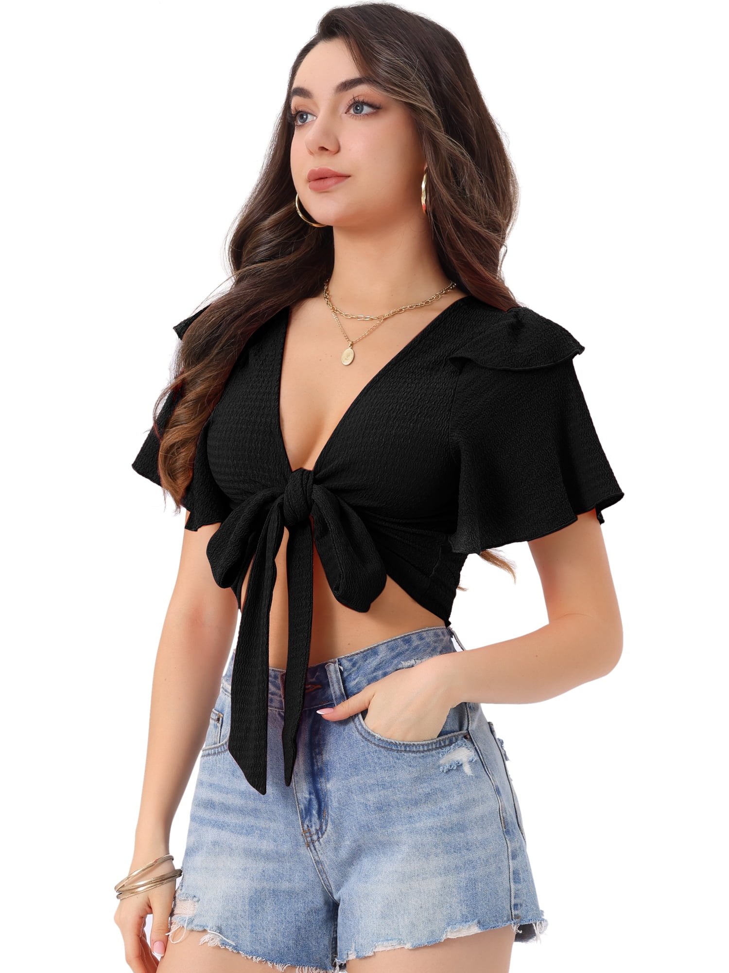 DARING DIVA Changeable Neckline Flutter Sleeve Crop Top S Black