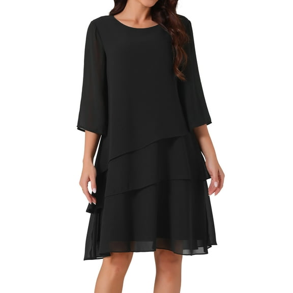 DARING DIVA Chiffon 3/4 Sleeve Tiered Layered Flowy Dress L Black