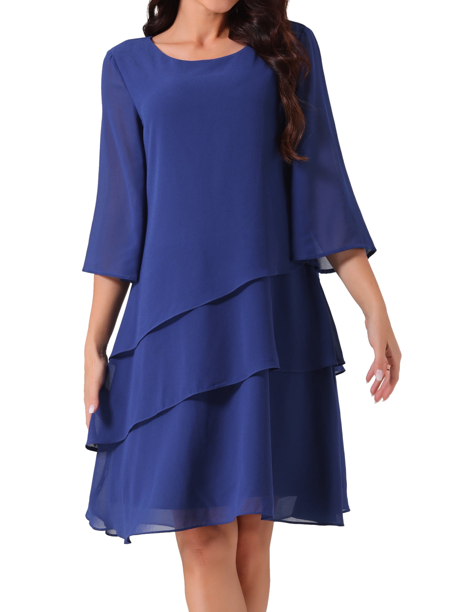 DARING DIVA Chiffon 3/4 Sleeve Tiered Layered Flowy Dress L Dark Blue