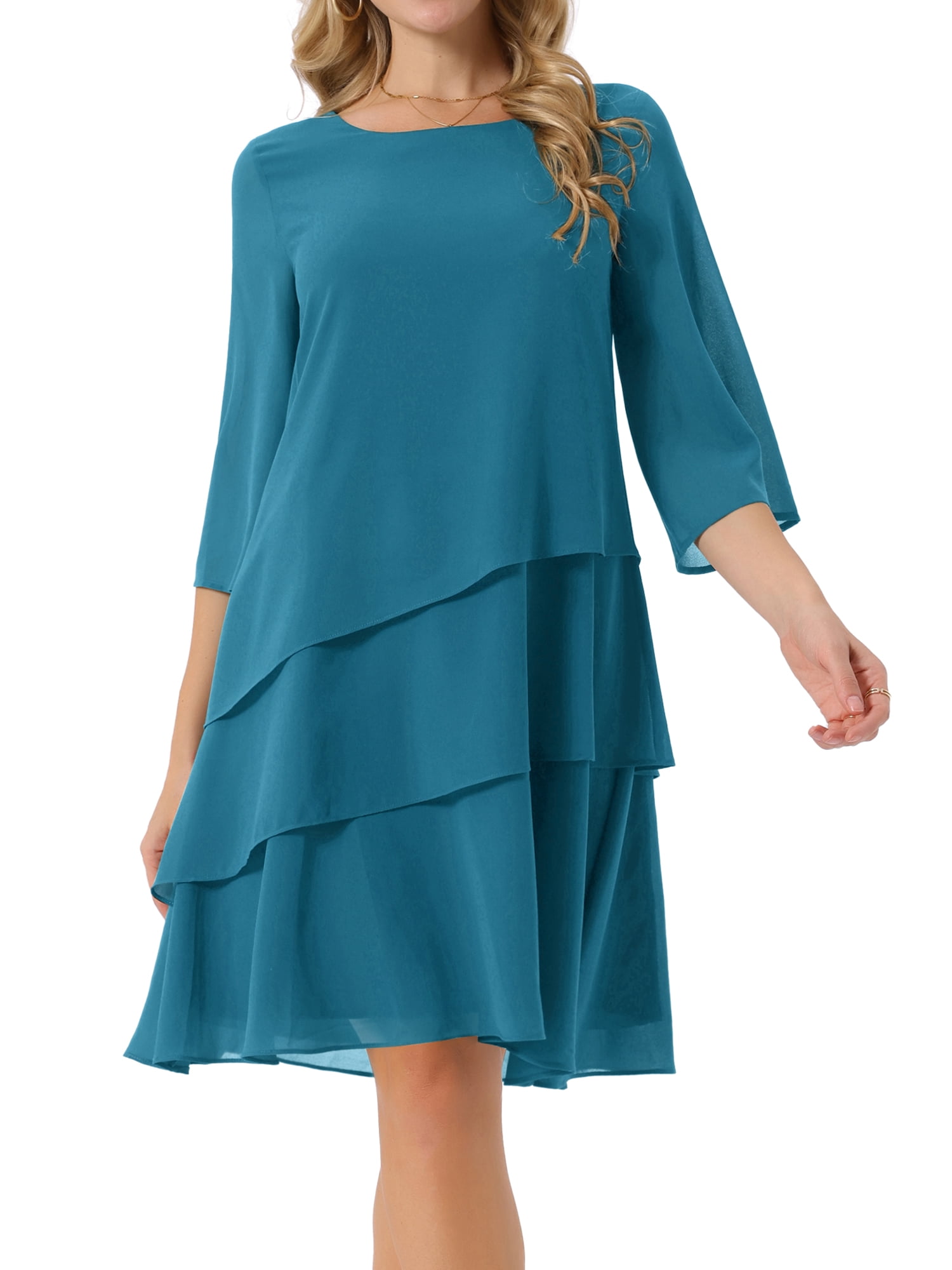 DARING DIVA Chiffon 3/4 Sleeve Tiered Layered Flowy Dress L Peacock Green