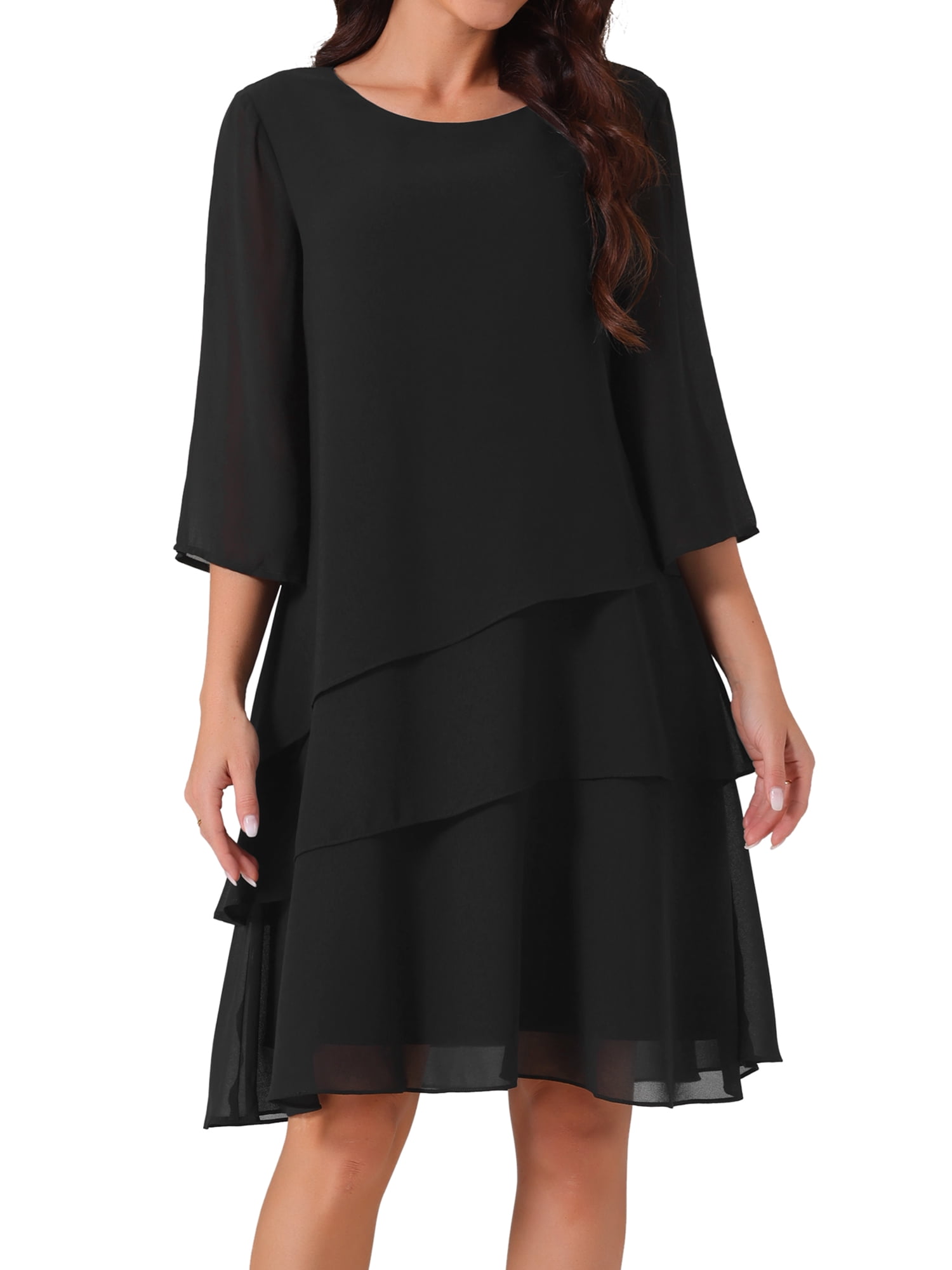 DARING DIVA Chiffon 3/4 Sleeve Tiered Layered Flowy Dress M Black