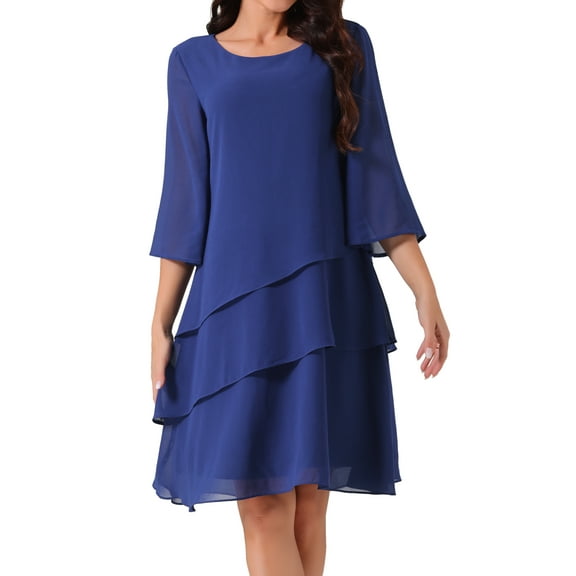 DARING DIVA Chiffon 3/4 Sleeve Tiered Layered Flowy Dress S Dark Blue