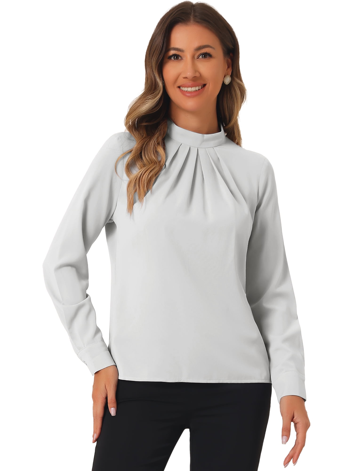 DARING DIVA Chiffon Blouse for Women's Long Sleeve Work Shirt L Gray