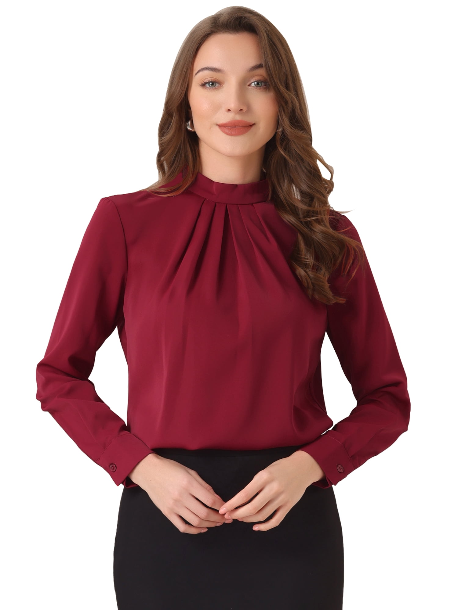 DARING DIVA Chiffon Blouse for Women's Long Sleeve Work Shirt M Dark Red