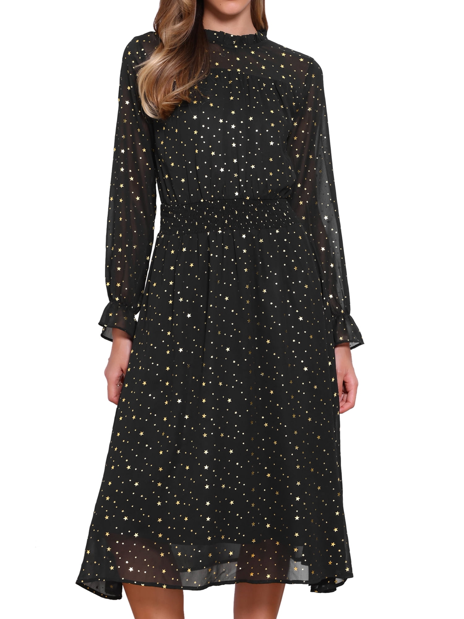DARING DIVA Women's Chiffon Sheer Long Sleeve Smocked A-Line Dress XS Black