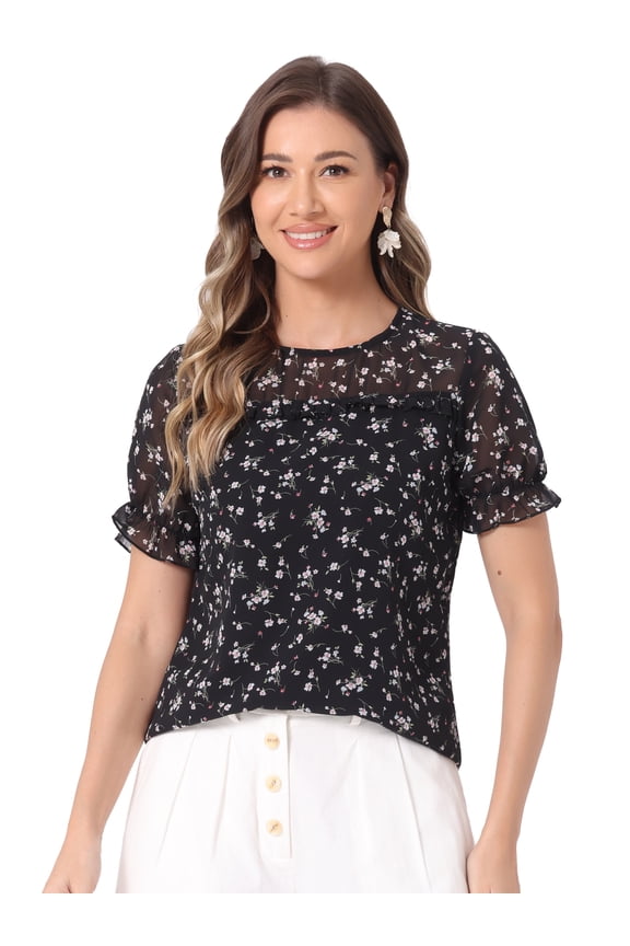 Chiffon Ruffled Trim Floral Blouse Top L Black