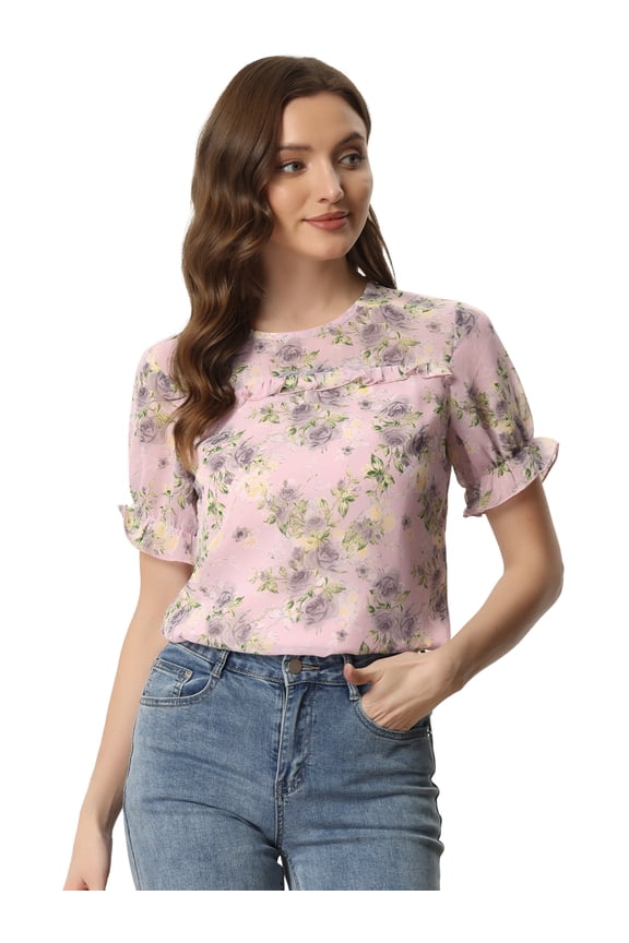 Chiffon Ruffled Trim Floral Blouse Top L Pink Grey