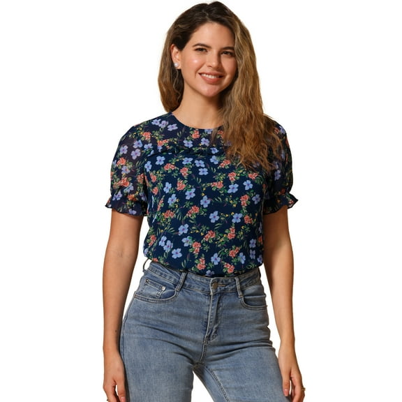 DARING DIVA Chiffon Ruffled Trim Floral Blouse Top M Dark Blue