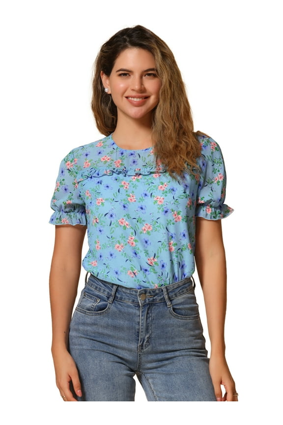 Chiffon Ruffled Trim Floral Blouse Top M Sky Blue