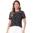 thumbnail image 1 of DARING DIVA Chiffon Ruffled Trim Floral Blouse Top S Black, 1 of 6